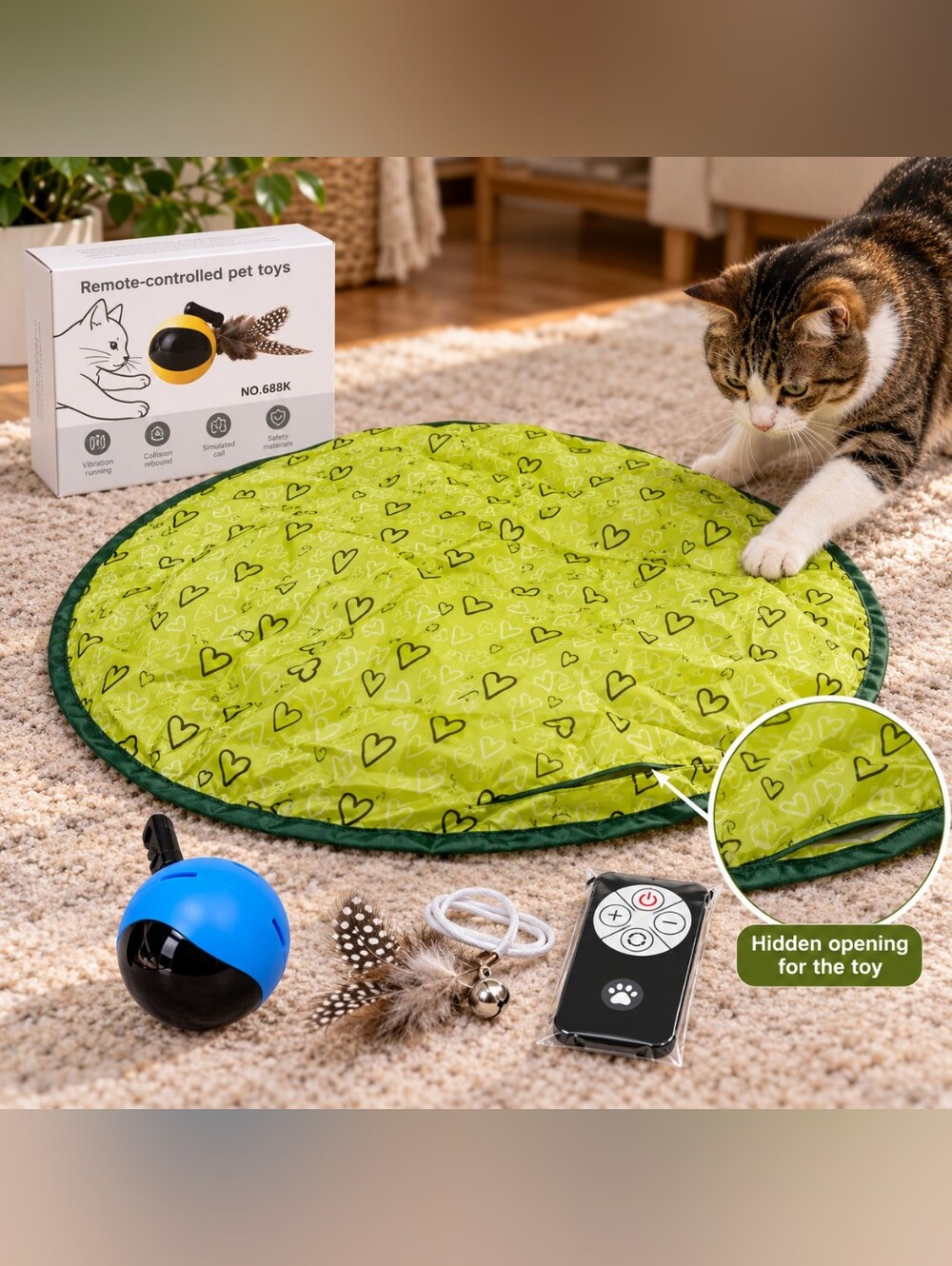 Interactive Remote Control Cat Toy Ball Hide & Seek Pouch Feather Enrichment Toy